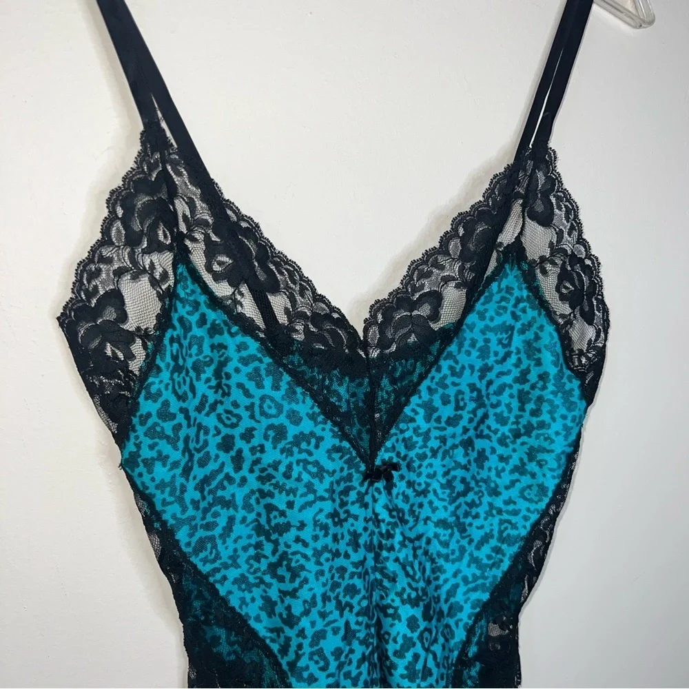 Vintage 80’s California Dynasty Teal and Black Animal Print Lace Lingerie Small